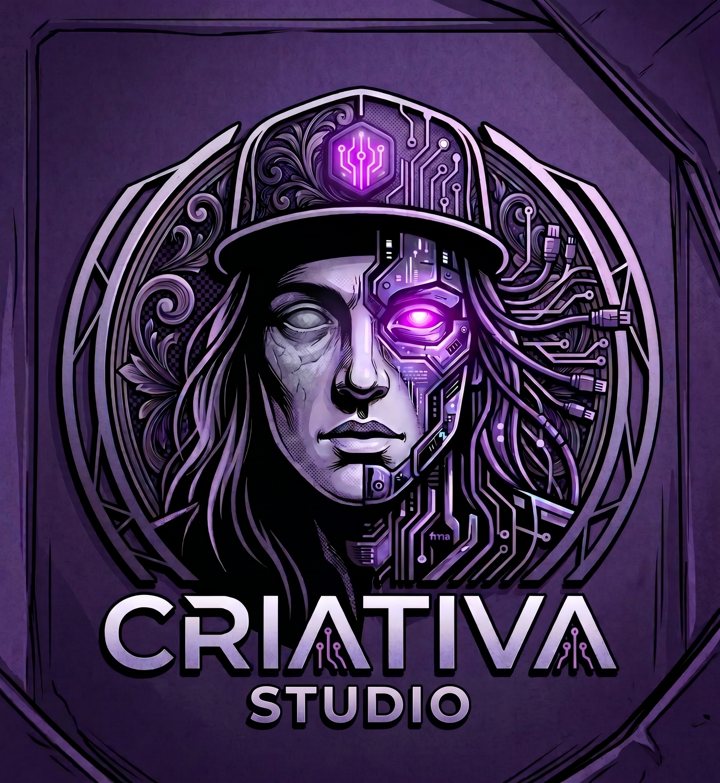 Logo da Criativa Studio: rosto metade esculpido em pedra, metade circuito, com o olho de máquina aceso em roxo.