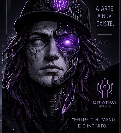 O personagem da Criativa: metade rosto de pedra, metade circuito, com o olho de máquina aceso em roxo.